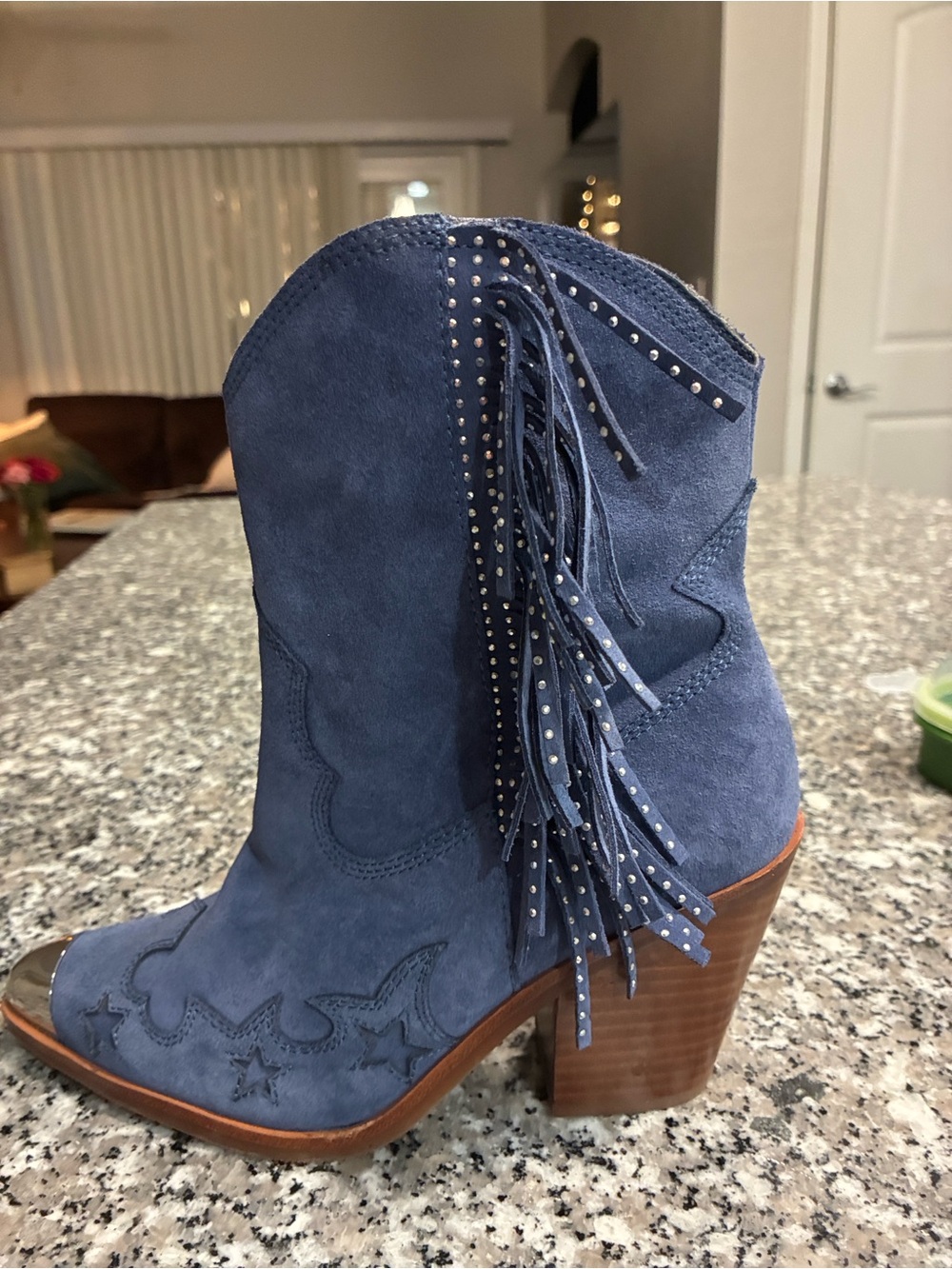 Aldo Navy Suede Fringe Studded Western Boot - Picture 4 of 8